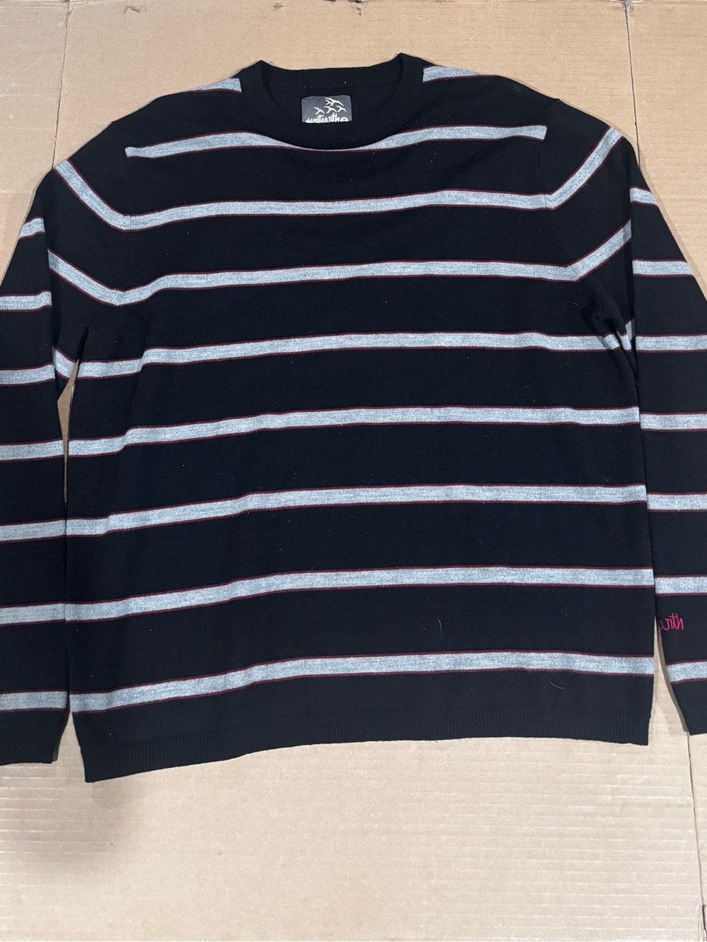 Black Striped Crewneck Sweater with Subtle Red Trim